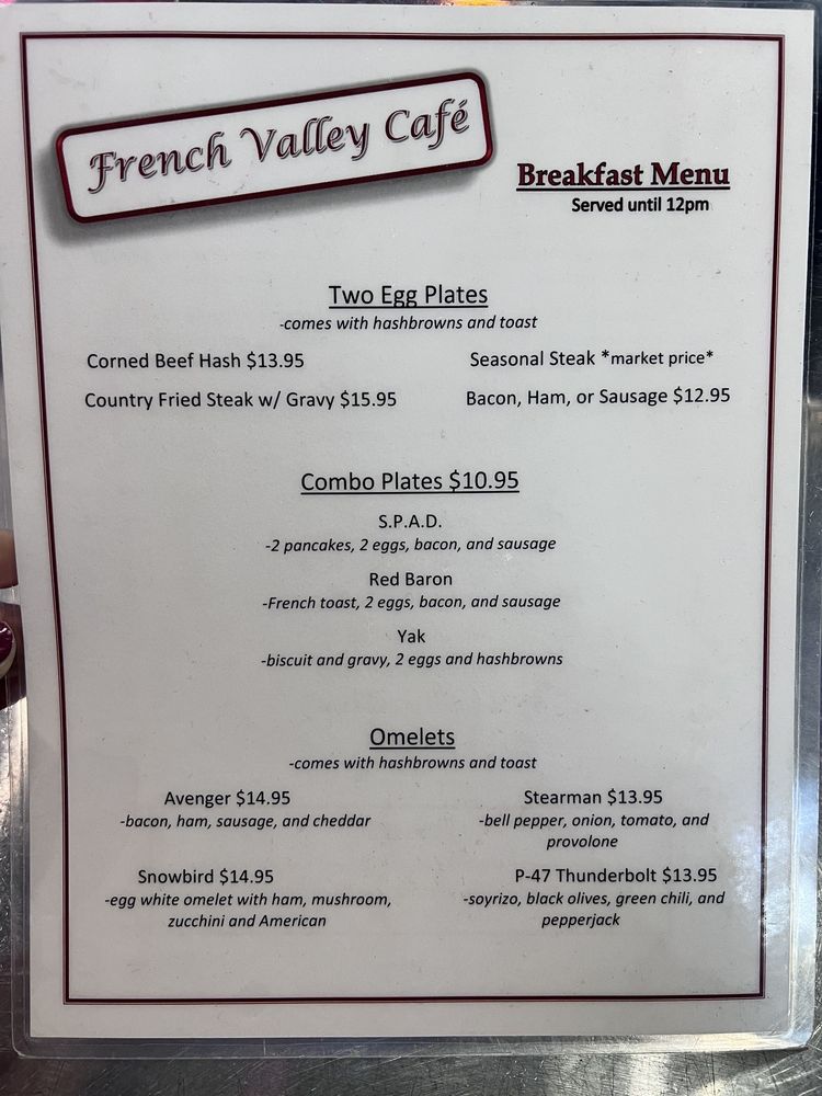 French Valley Cafe Menu - Image 1